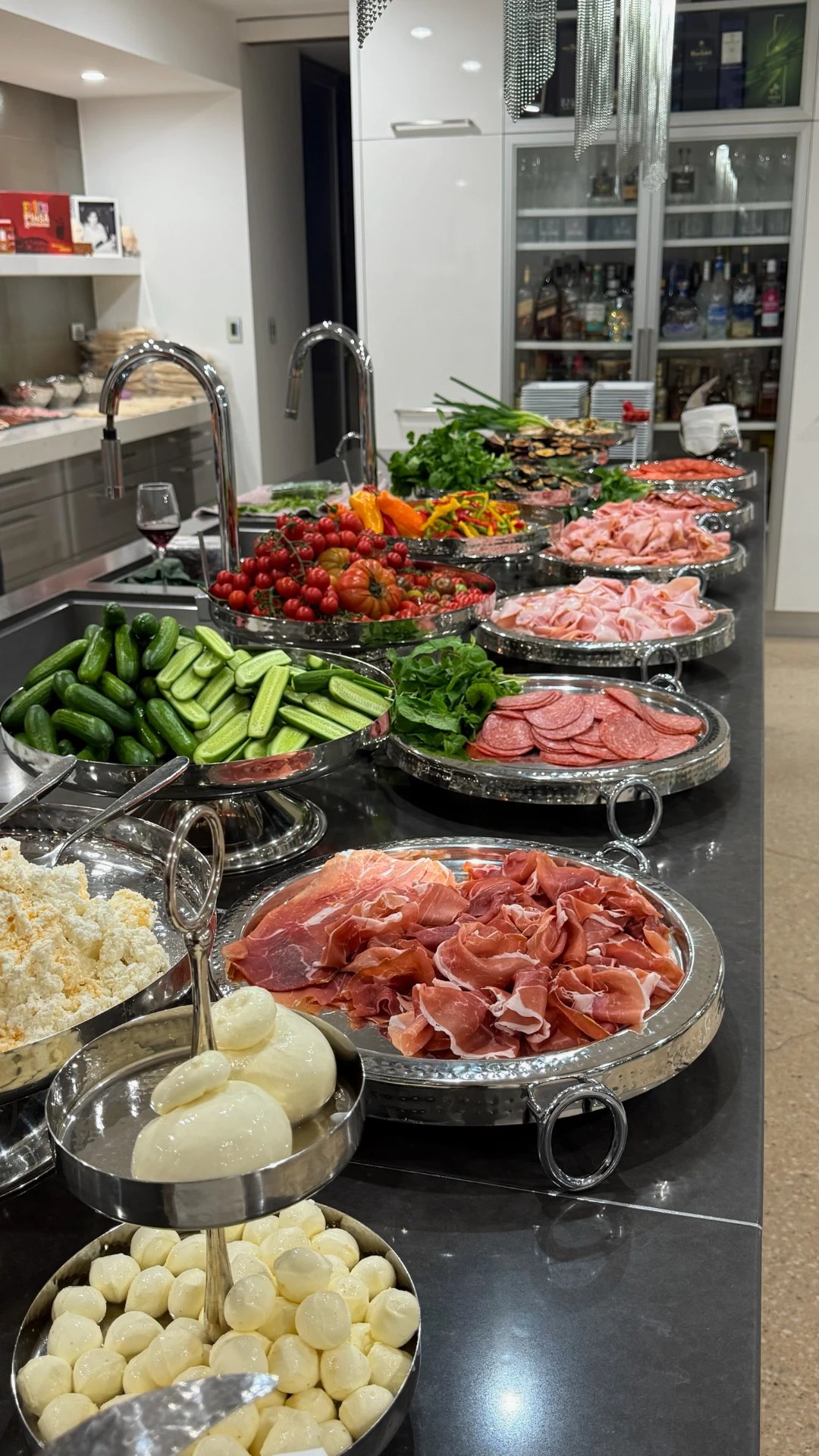 Grazing spread with mozzarella on a tiered stand